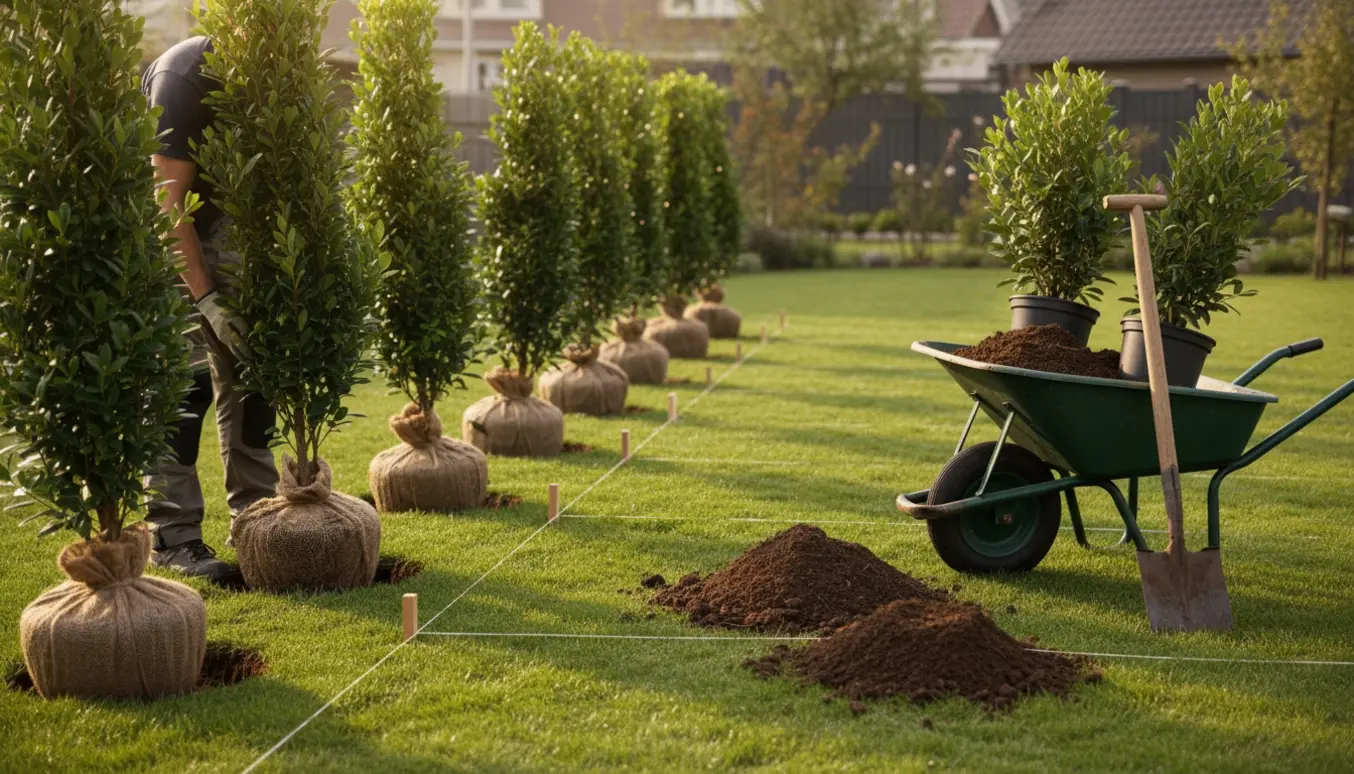 En handske-klædt gartner planter hækplanter med en flad spade og trillebør i en solvarm have.