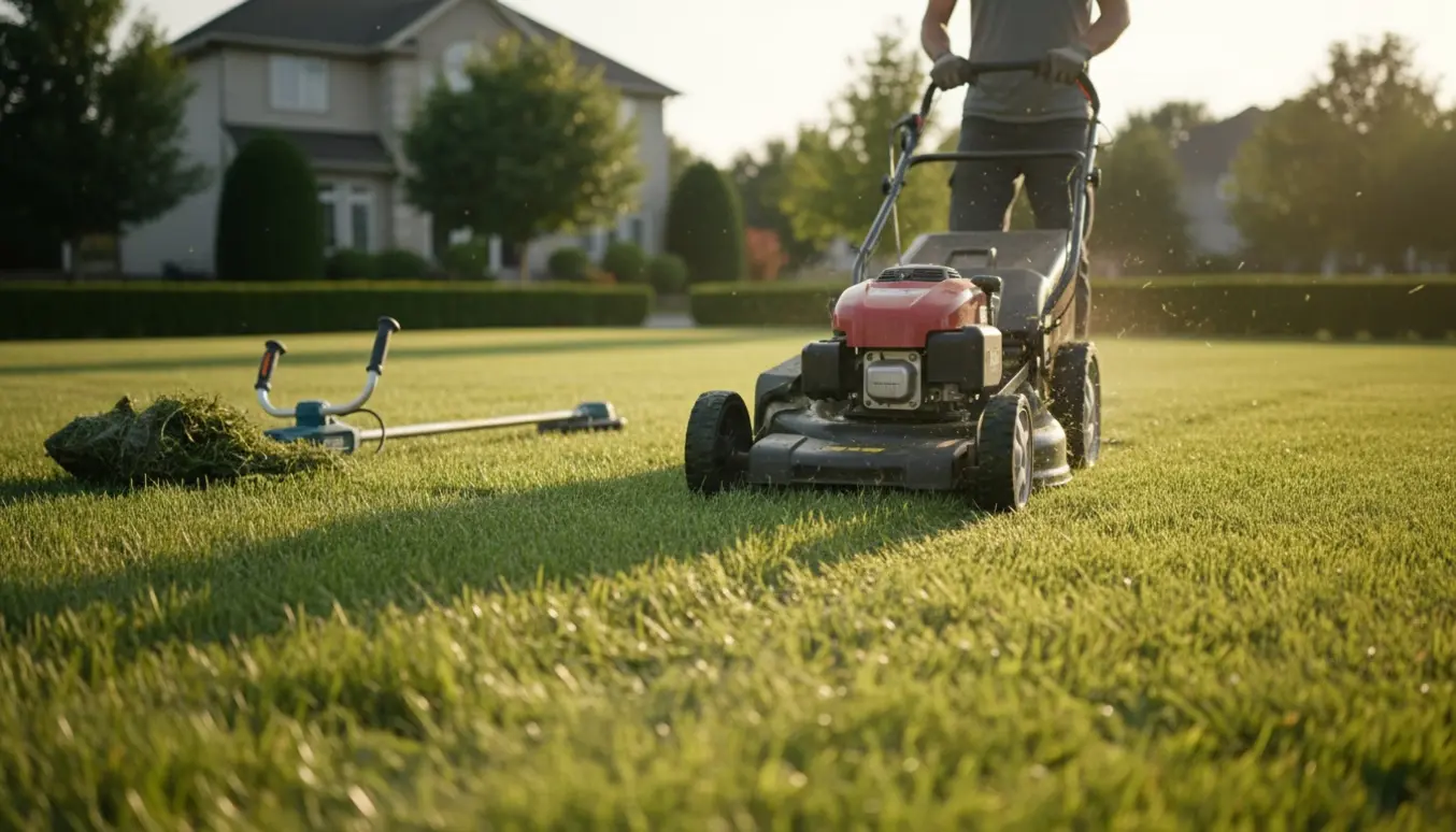 En havemand slår en stor forstadsplæne med en selvkørende plæneklipper i gyldent lys.
