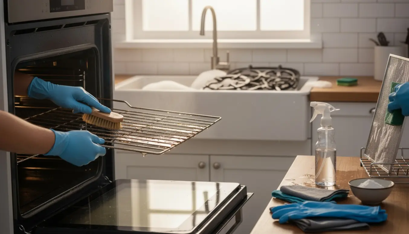 Handskerede hænder dybderengør ovn, komfur og emhætte i et lyst køkken.