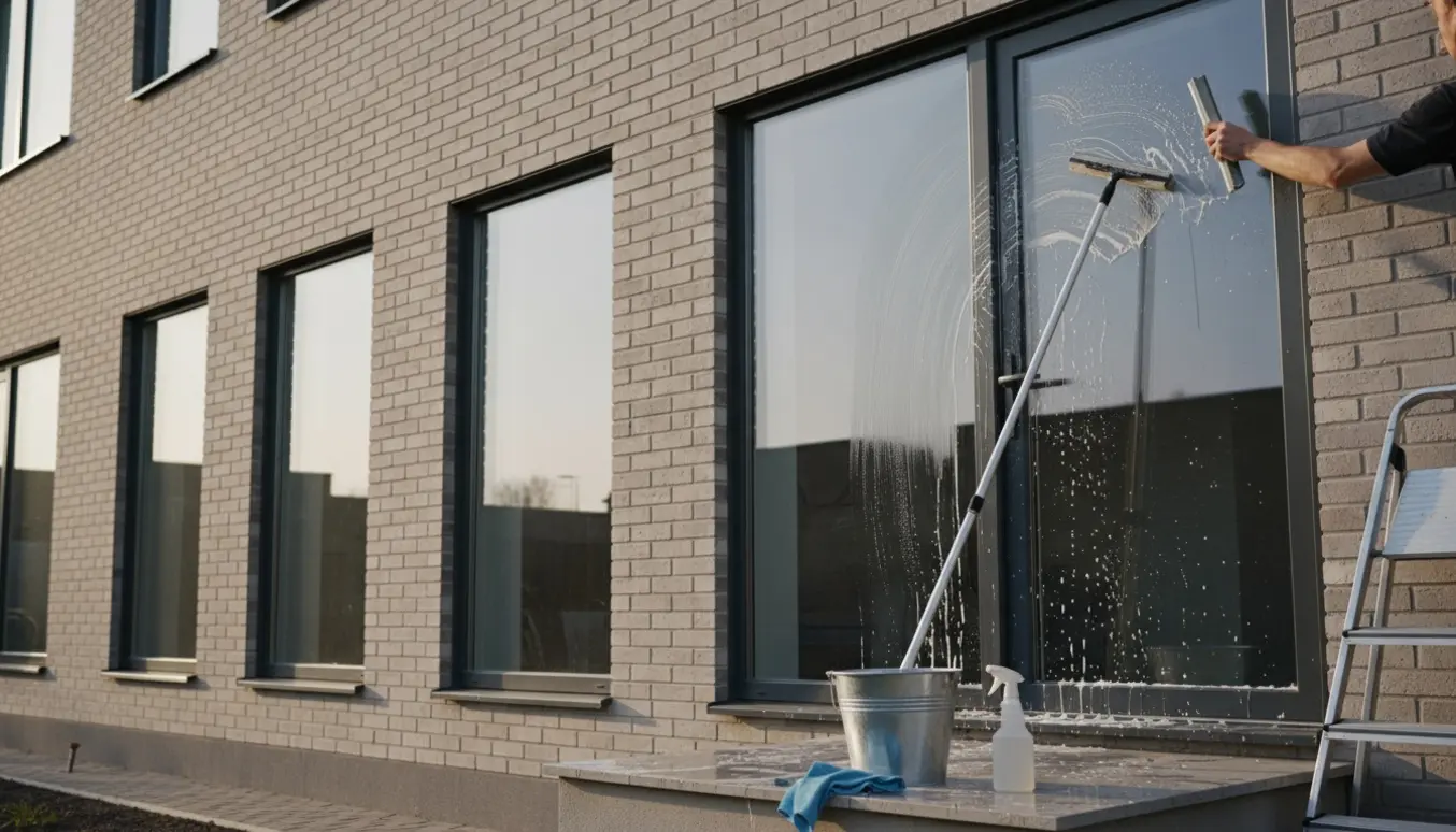 Vinduespudser vasker ruder og terrassedør på et rækkehus, kun hænder og værktøj er synlige.