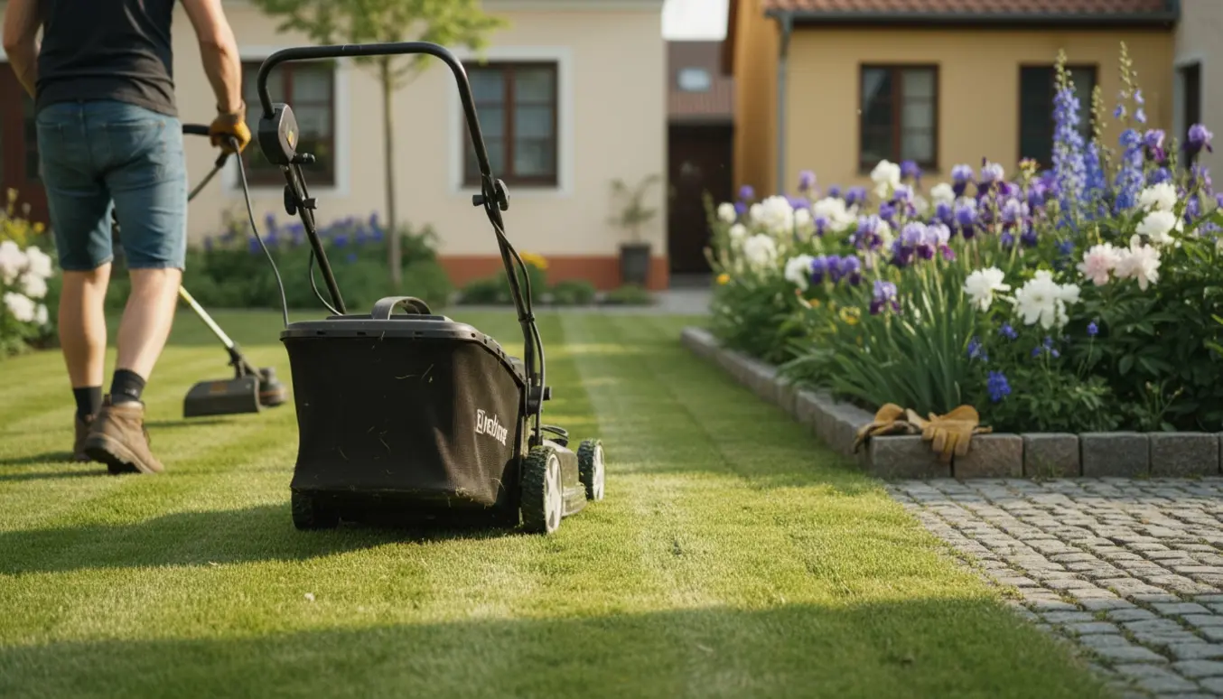 Plæneklipper i arbejde på en kompakt forhave og gårdrum med trimmer og handsker på kanten.
