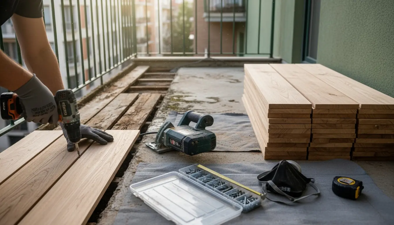 Udskiftning af vandskadede terrassebrædder på en smal lejlighedsaltan med værktøj og nye brædder klar.