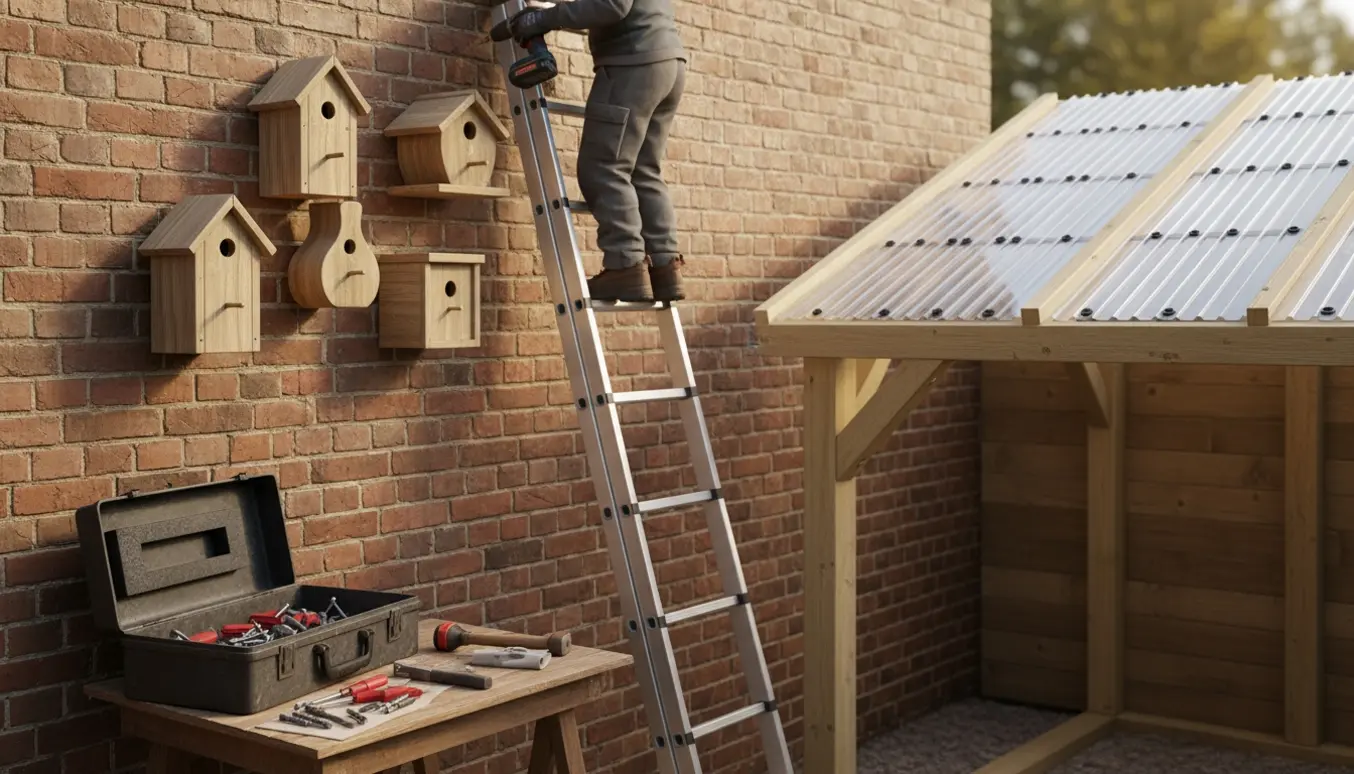 Fire fuglekasser monteret højt på en murvæg ved en stige og et nyt bølgeplasttag på et halvskur.