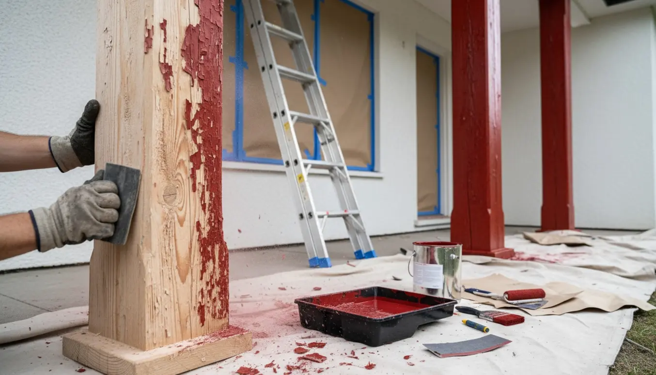 Udvendig husfacade med en halvslebet træsøjle og nymalet rødt træværk med malerredskaber i forgrunden.