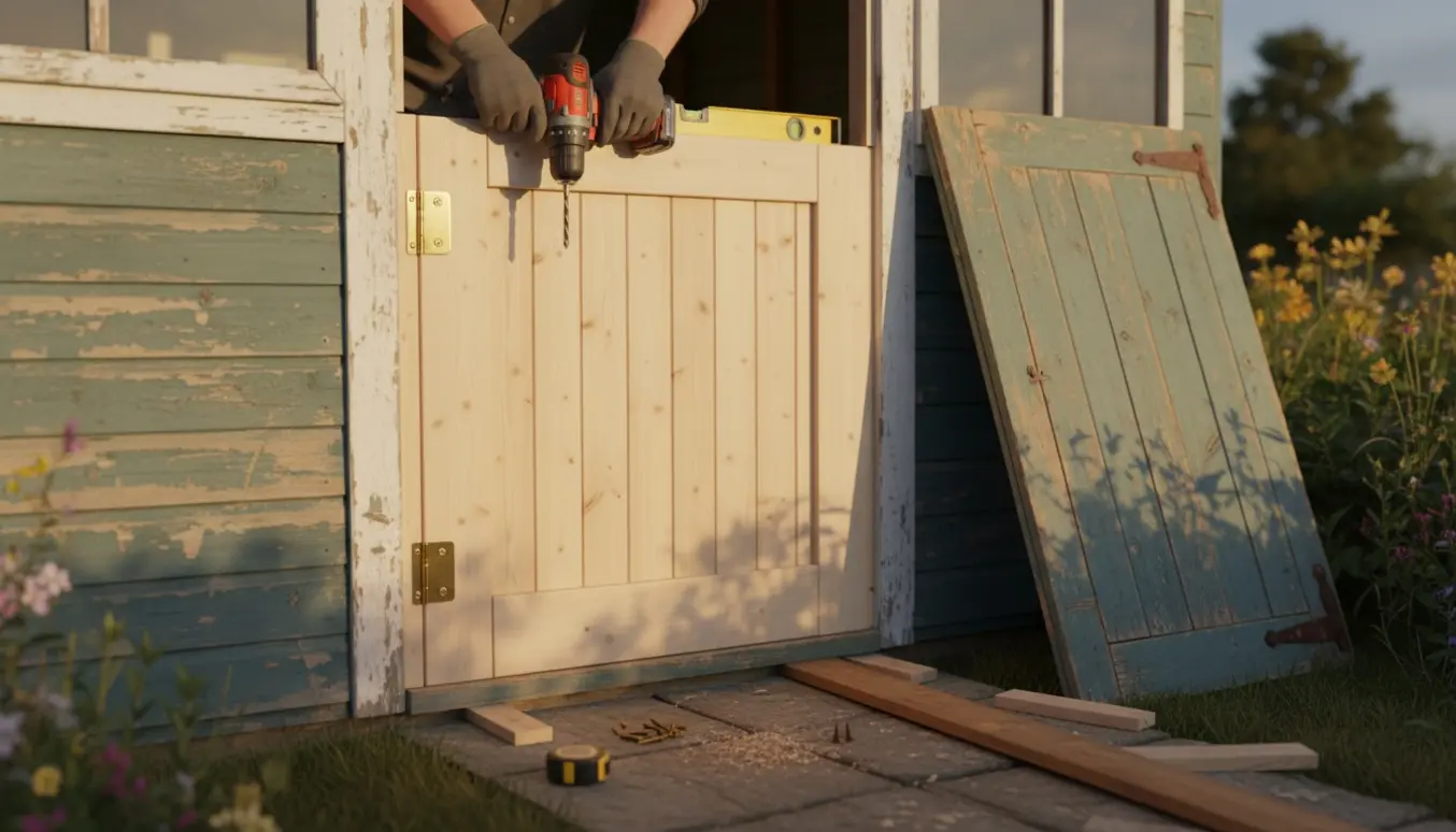 Hænder monterer en ny skurdør på et træskur ved et sommerhus.
