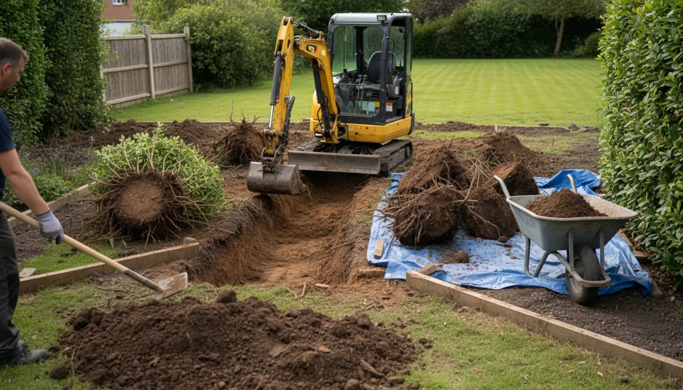 Minigraver graver rende i havebed, opgravede hækplanter og jord samlet i bunker.