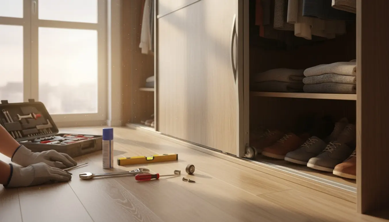 En skydedør til et klædeskab, der er bøjet og sidder skævt, mens værktøj og hænder arbejder ved døren.