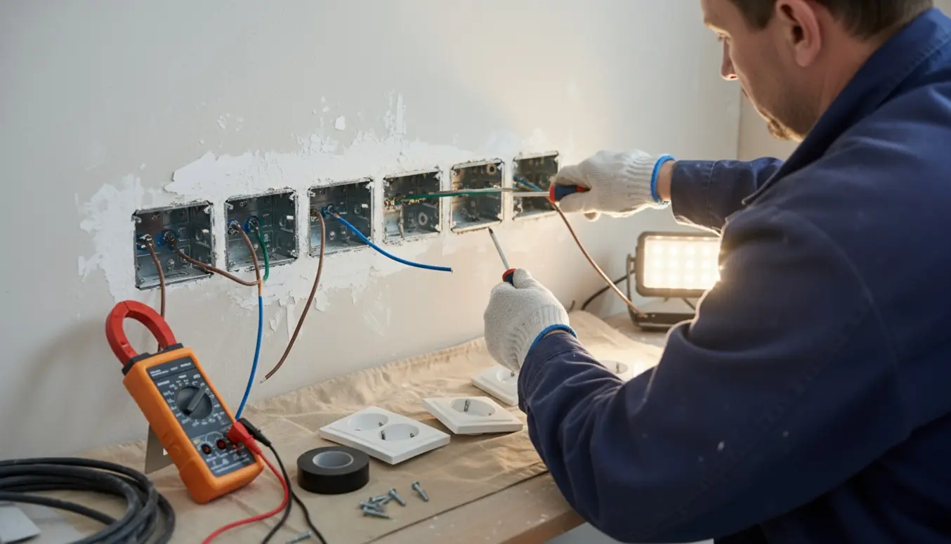 Elektriker tilslutter fem stikkontakter i en væg, tæt på med hænder og værktøj.