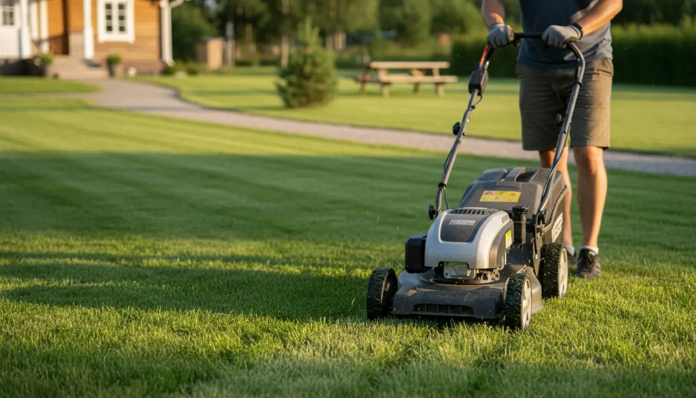 Person slår en stor, flad græsplæne ved et sommerhus med en plæneklipper, som efterlader tydelige striber.