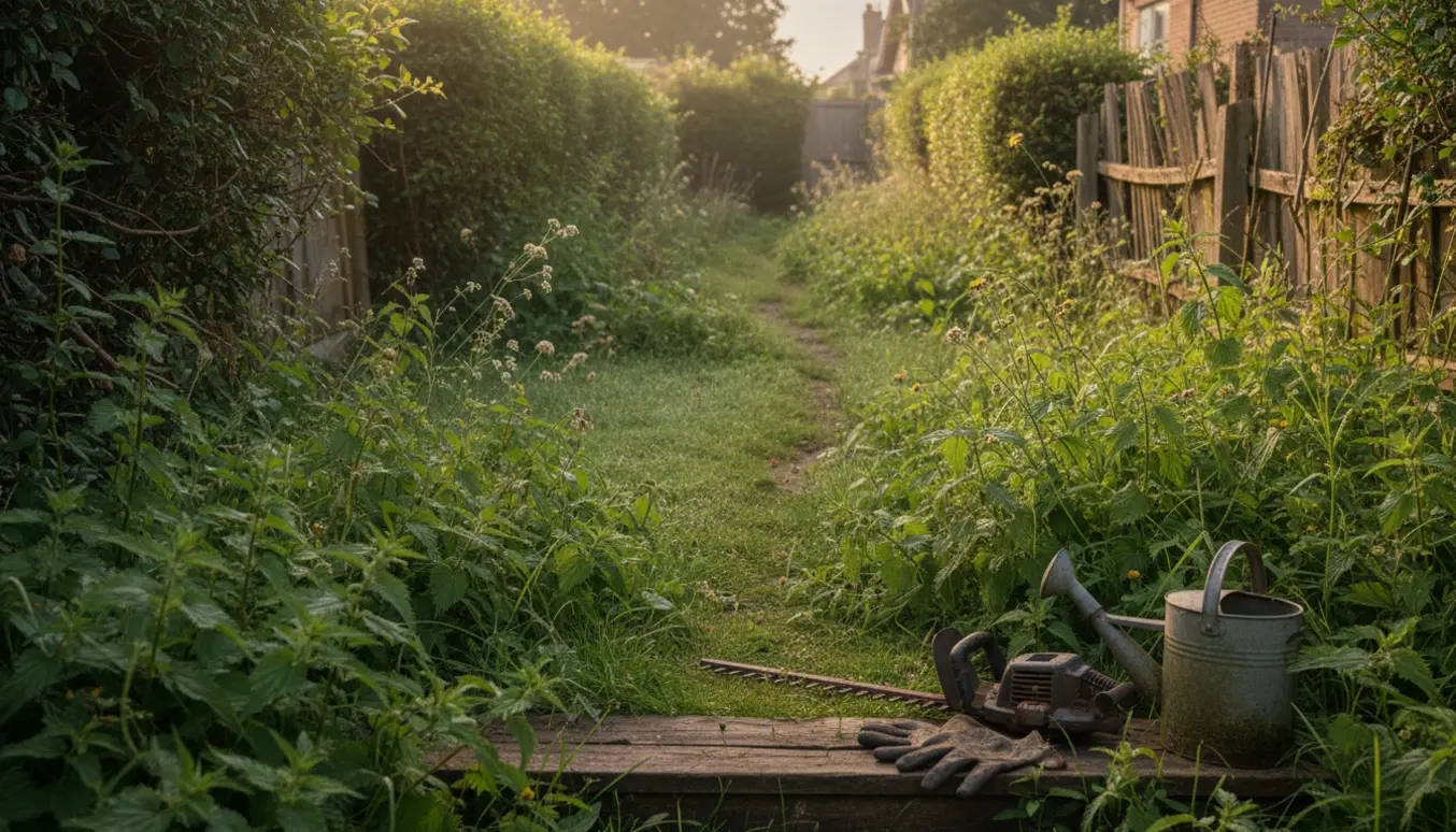 Overgroet baghave med høje brændenælder, utrimmet hæk og ubrugte redskaber.