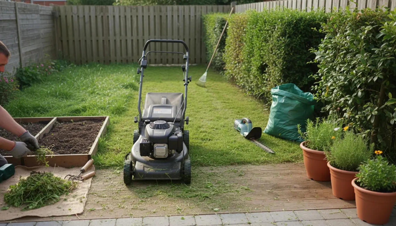 Lille have med nyslået græs, to udrensede bede og nyligt klippet hæk ved terrassen.