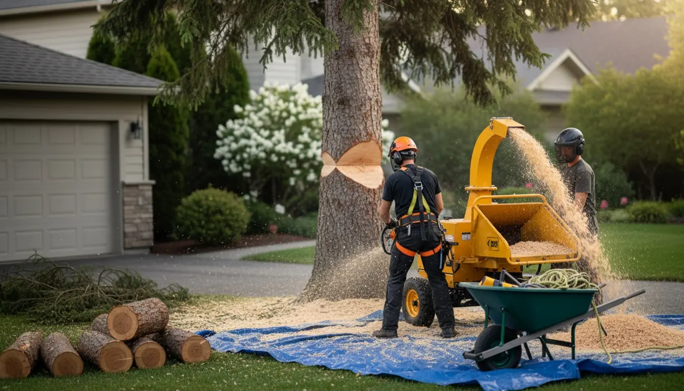Fældning af højt grantræ i forhave med flishugger og stammer savet i brændelængder, arbejdere set bagfra.