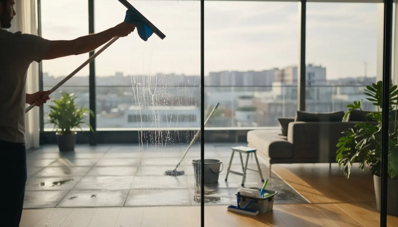 En vinduespudser pudser store gulv-til-loft-vinduer i en moderne penthouse, med moppe og spand på altanen.