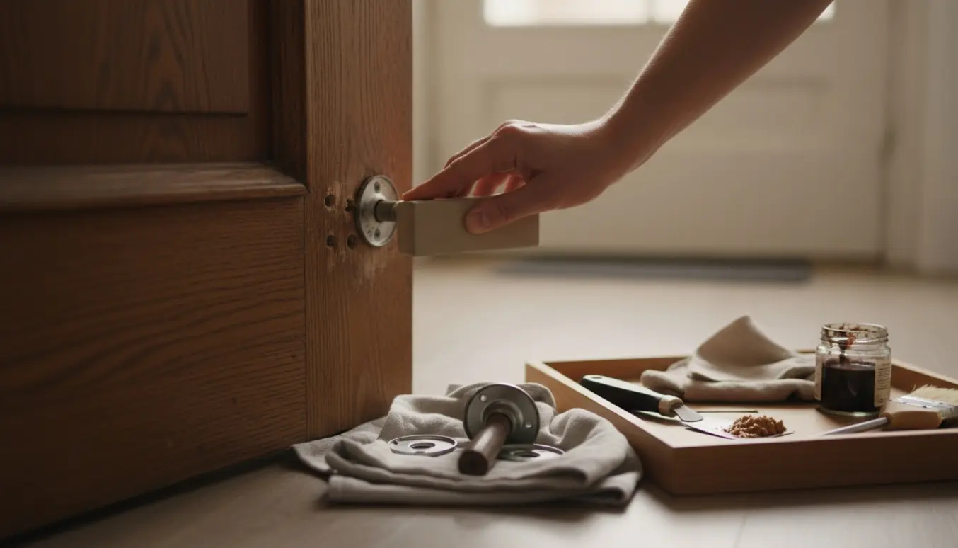 Tæt billede af hænder, der forbereder træ omkring et løsnet dørhåndtag med værktøj og træbehandlingsmidler i blødt dagslys.