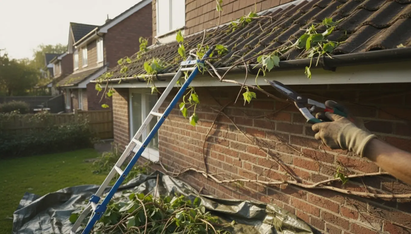 Hænder iført handsker klipper slyngplanter fra muren og taget på et 1½-etagers rækkehus.