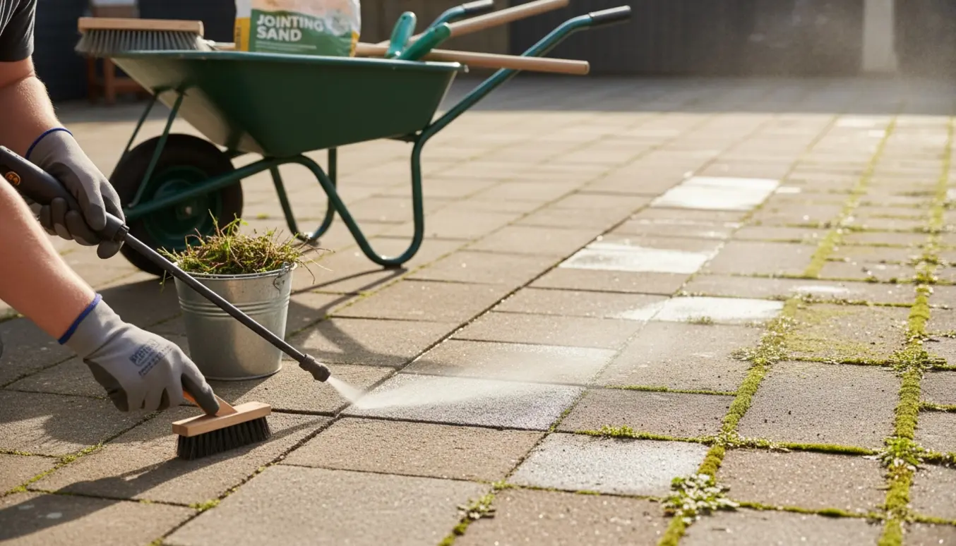 Nærbillede af hænder, der renser fuger mellem fliser på en solbeskinnet terrasse med værktøj og en spand ukrudt i nærheden.