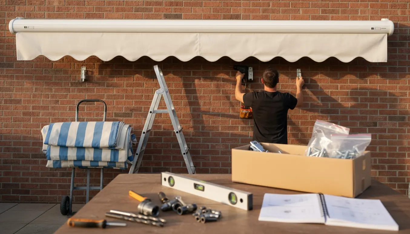 Hvid kasettemarkise med creme dug monteres på en murstensvæg, håndværkere arbejder med beslag og værktøj.