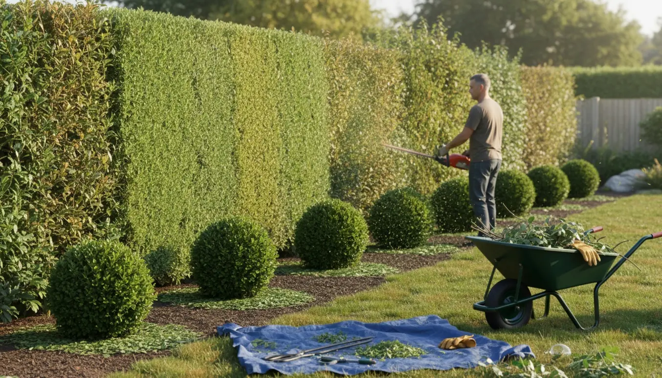 Person klipper en lang blandingshæk med beskårne buske og værktøj i en solrig villahave.