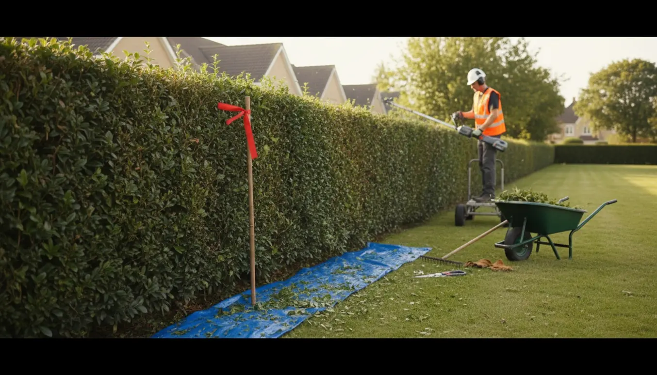 Stor hæk bliver professionelt beskåret med en langtrækkende hækkeklipper, opsamling på presenning og værktøj ved siden af.