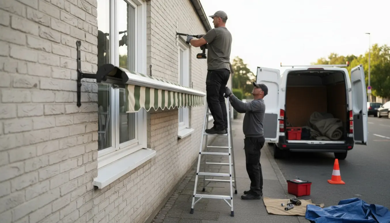 Håndværkere tager en markise ned fra et vindue ved vejen med stige, værktøj og varebil klar til bortskaffelse.