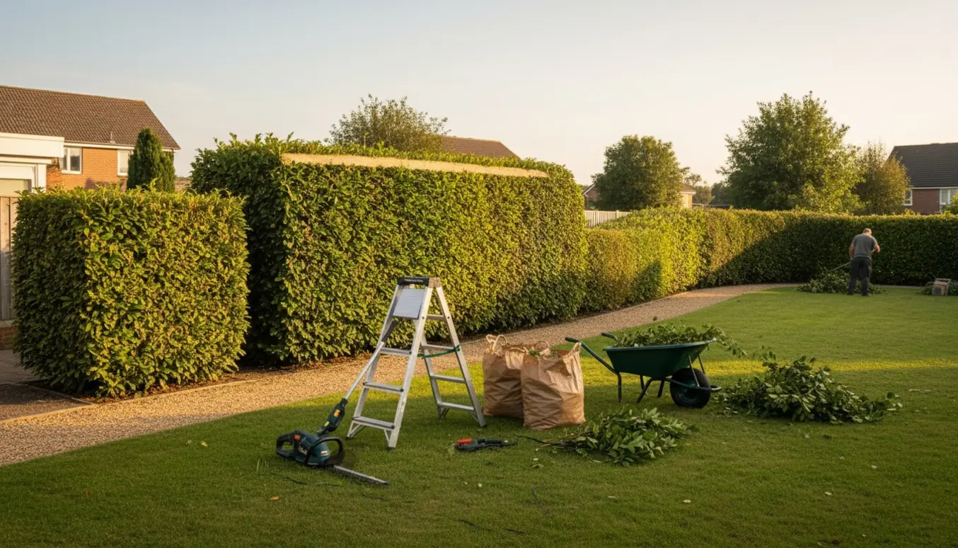 Professionel hækklipning med værktøj, trillebør og bunker af afklip klar til bortkørsel.