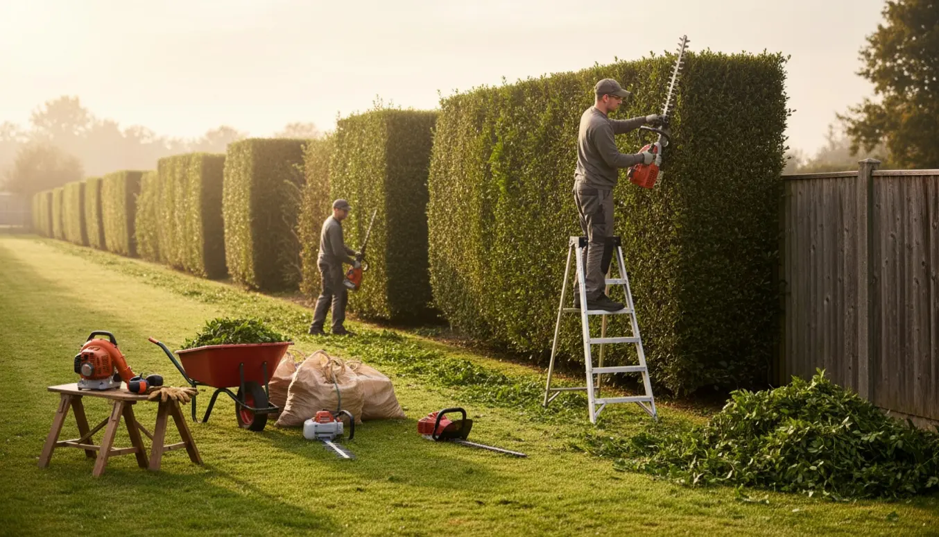 To personer trimmer lange hække med hækkeklippere, afklip samlet i en trillebør i morgensol.