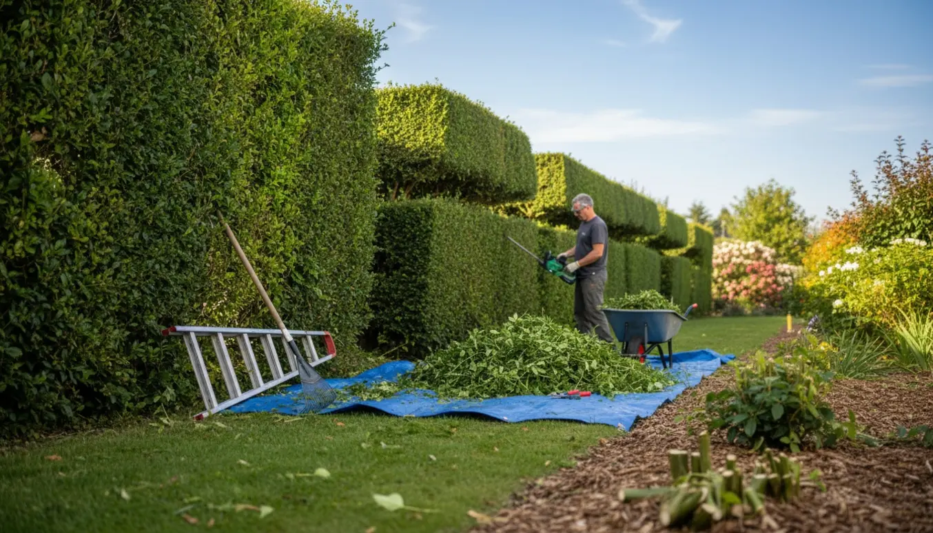Person klipper og læsser afklip fra en lang hæk på én side med bunket grønt materiale ved en lille vogn.