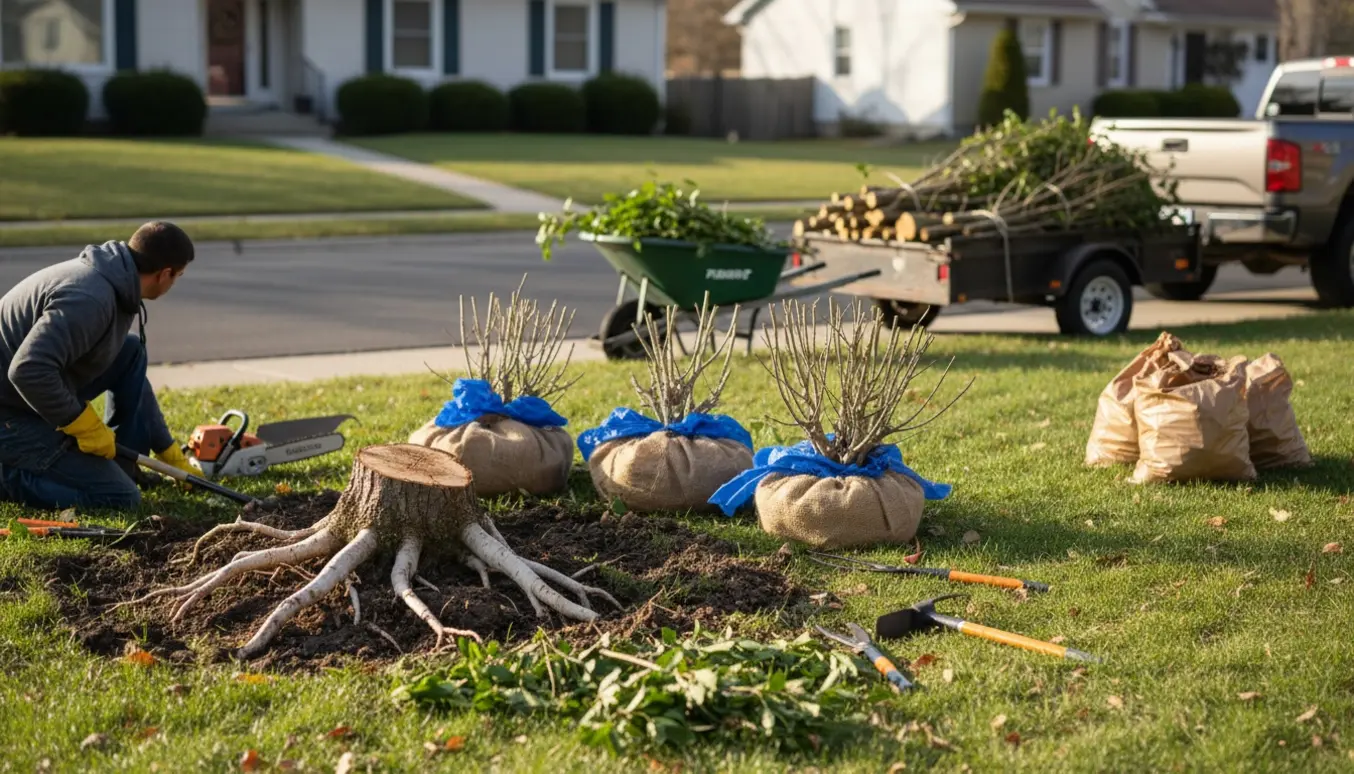 Forhave med et lille træ og tre buske gravet op og lagt klar til afhentning med værktøj og trailer.