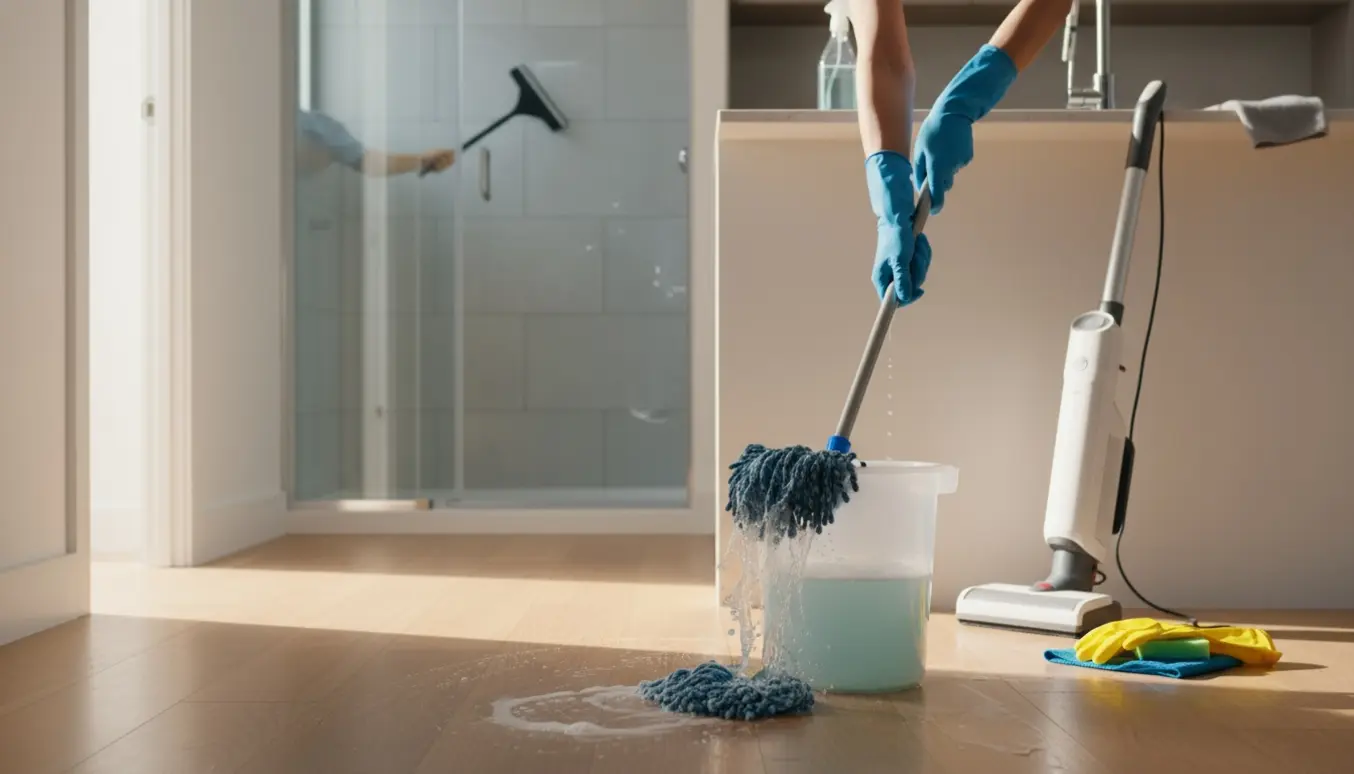 Nærbillede af fraflytningsrengøring med moppe, spand, støvsuger og skinende køkken og badeværelse.