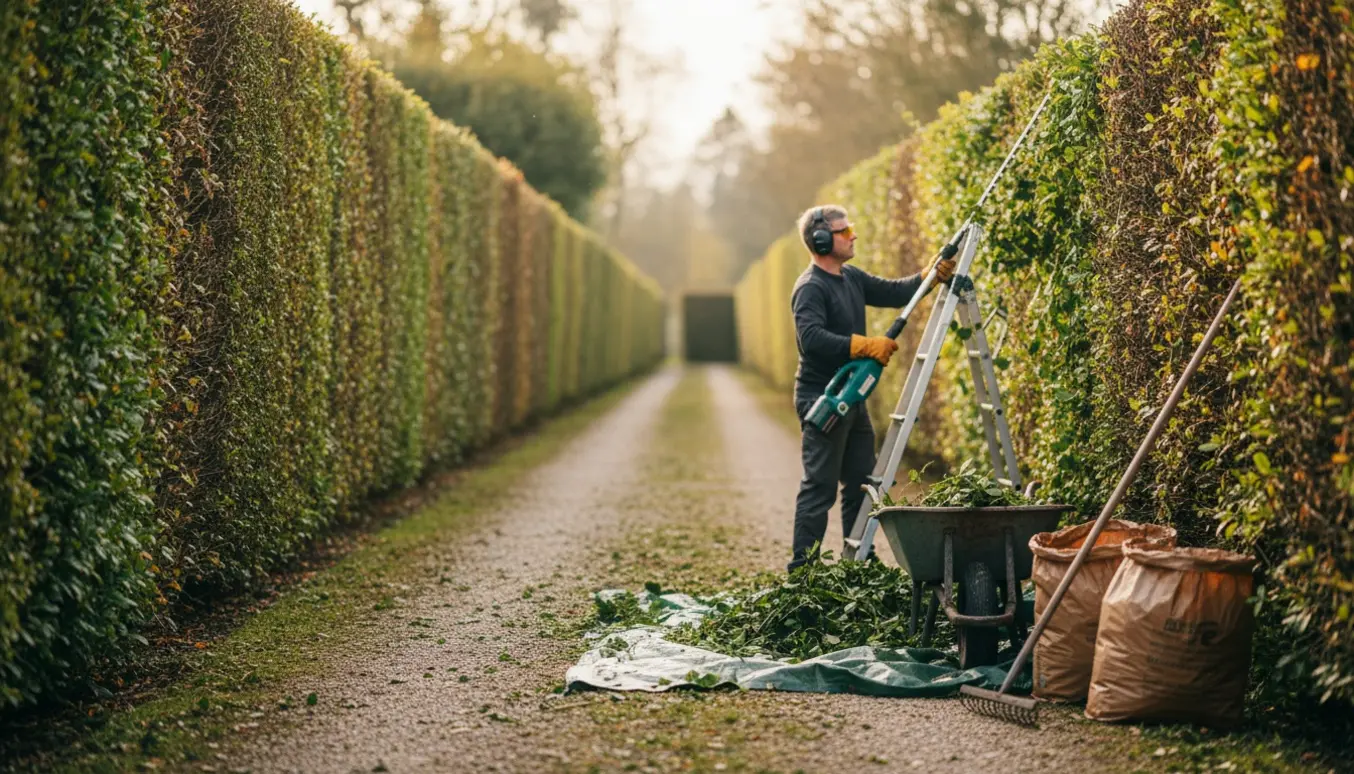Person beskærer en lang blandet hæk langs en havegang med en elektrisk hækkeklipper, ansigtet er ikke synligt.
