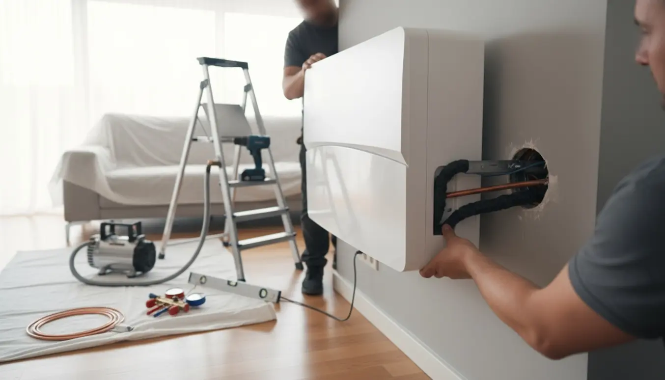Installatører monterer en vægmonteret luft/luft varmepumpe i en stue med værktøj og isolerede rør synlige.