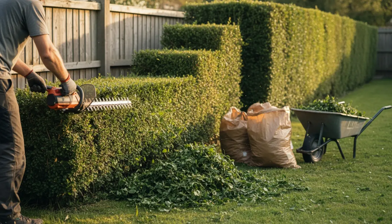 En havearbejder klipper en lang enkelt- og dobbeltsidet hæk med hækkeklipper, bunker af afklip og en trillebør klar til bortskaffelse.