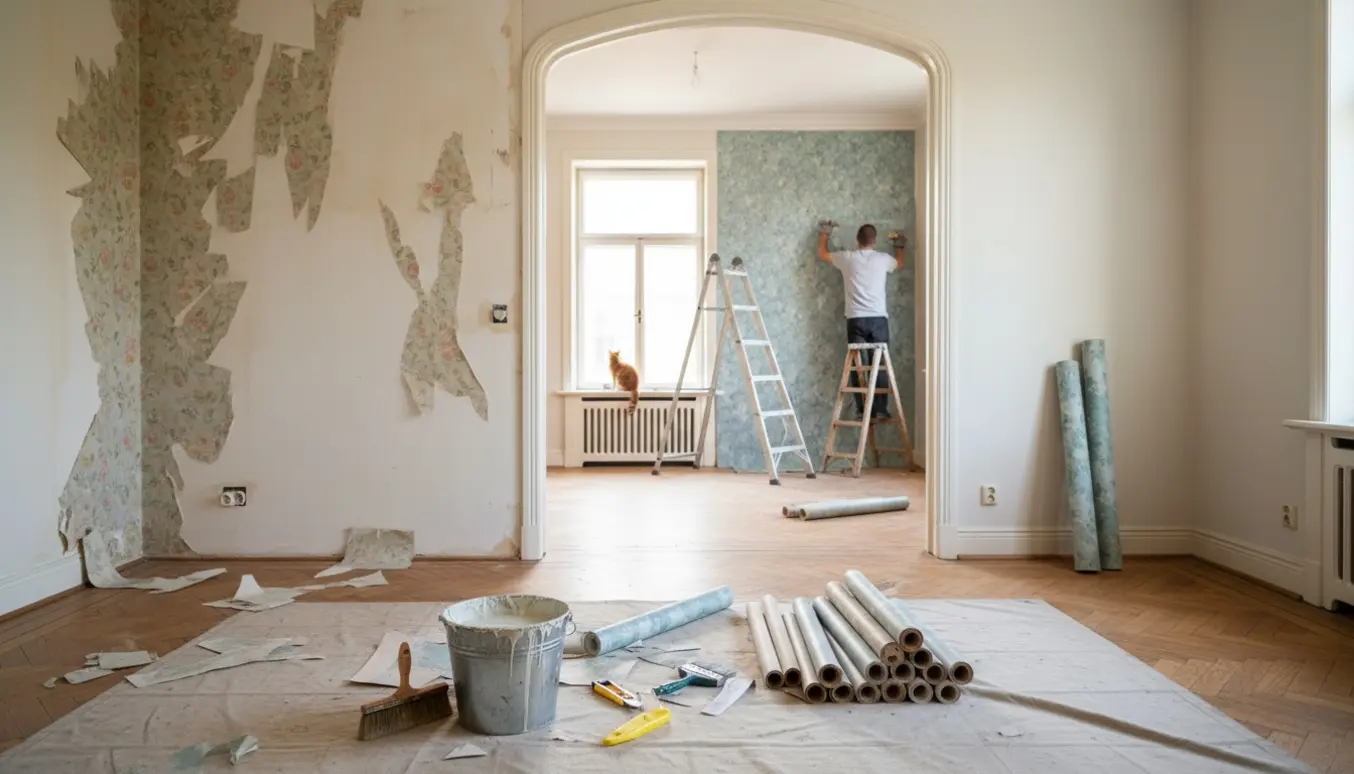 Lejlighed under tapetsering med revet tapet, ruller, værktøj og en håndværker set bagfra.