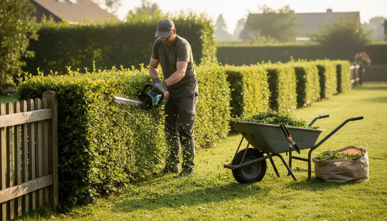 En lang havehæk klippes med en elektrisk hækkeklipper, med nyklippede toppe og en trillebør fyldt med afklip.