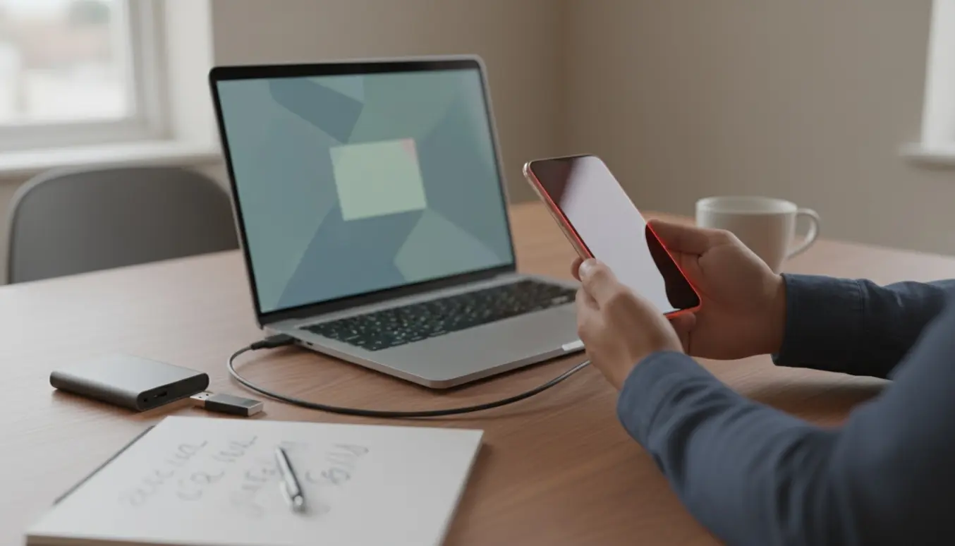 Hænder holder en smartphone tilsluttet en bærbar ved et skrivebord under fejlfinding uden synlige ansigter.