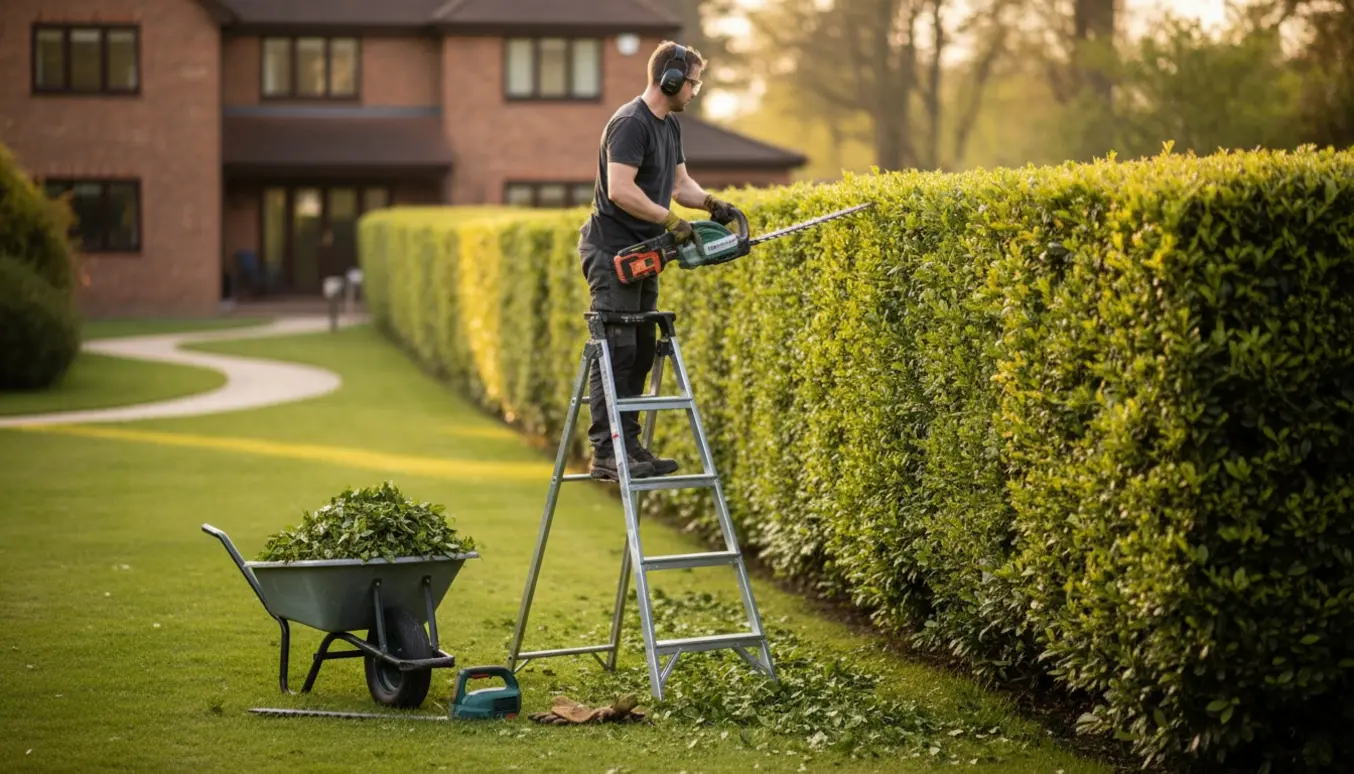 Lang ligusterhæk bliver klippet fra en stige med hækkeklipper, og afklip ligger i en trillebør.