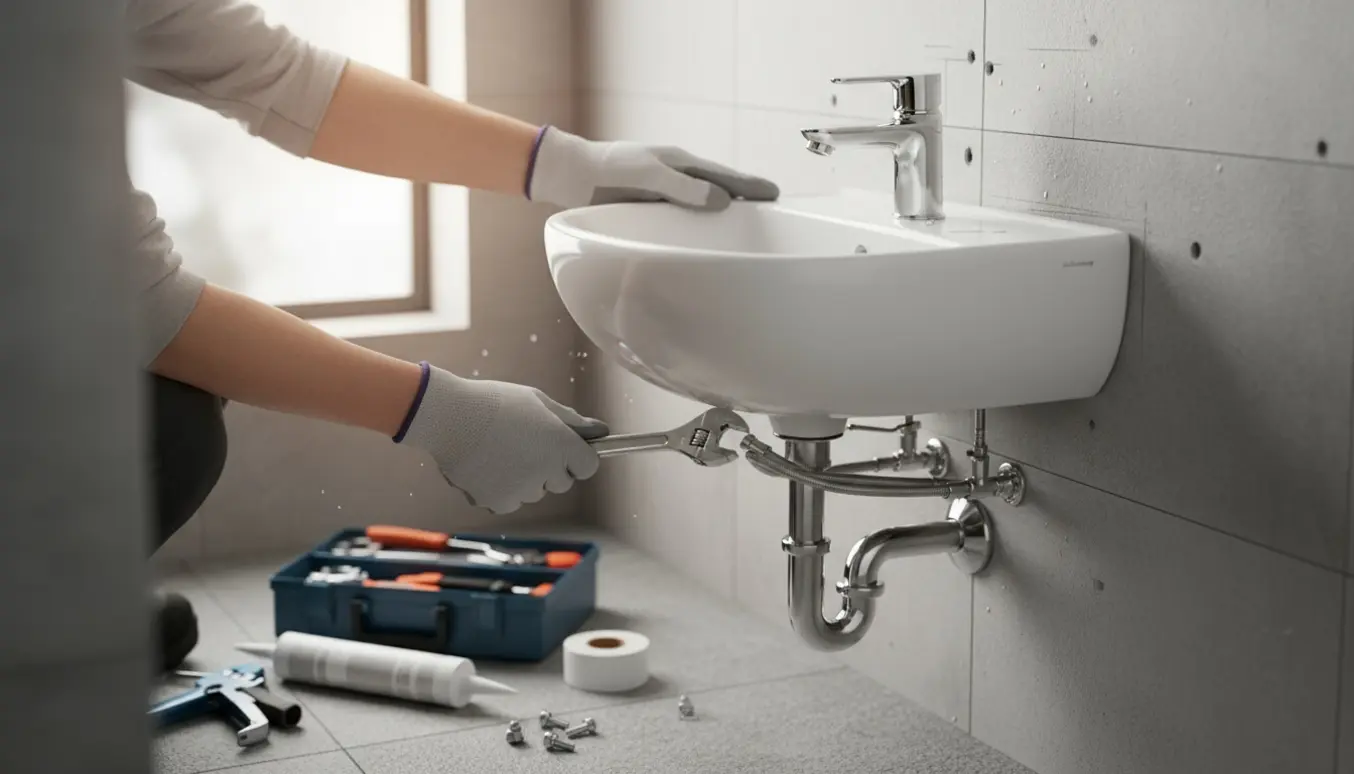 Hænder monterer en lille væghængt håndvask i et flisebadeværelse med værktøj og synlige VVS-forbindelser.