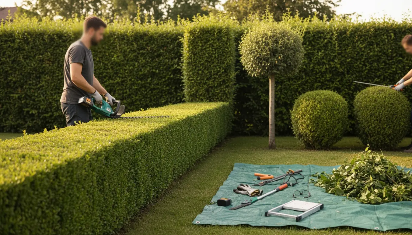 Hæk bliver klippet og buske beskåret i en solrig have med hækkeklipper og beskærersakse.
