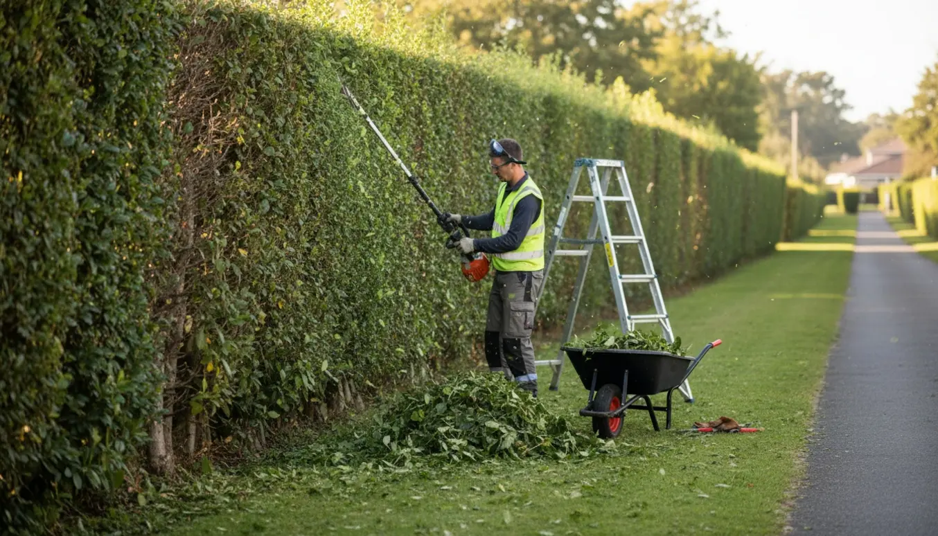 Lang hæk på cirka 30 meter og over 2 m høj bliver trimmet med en lang stangklipper, operatørens ansigt er skjult.