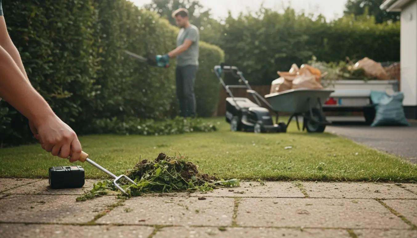 Forhave under forberedelse med ukrudt fjernet fra fliser, hæk klippet og haveaffald samlet i en trillebør og trailer.