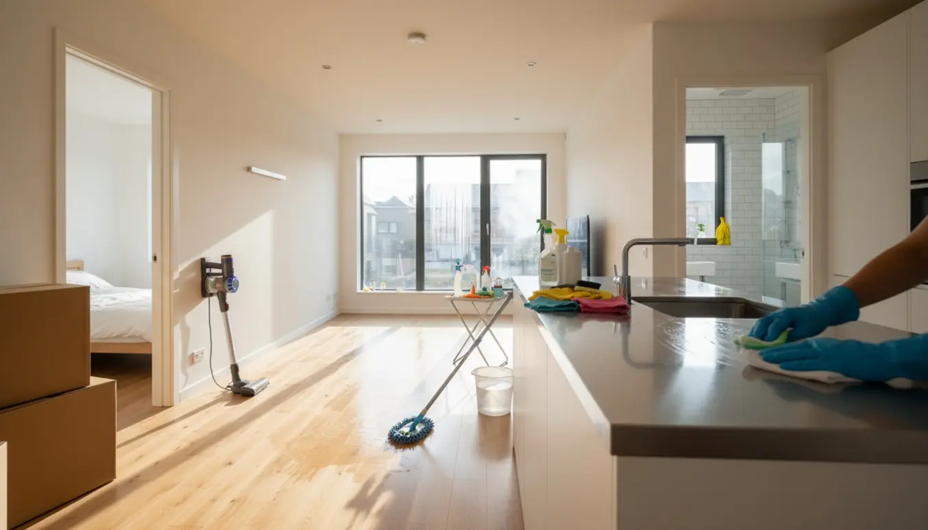 Udflytningsrengøring i lyst hjem med moppede gulve, rengøringsudstyr og flyttekasser.