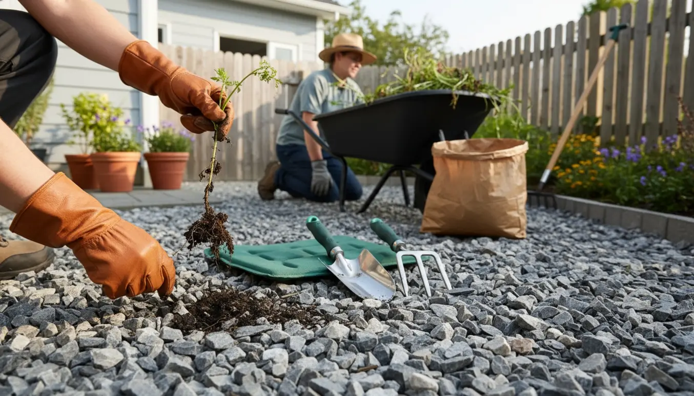 Nærbillede af hænder, der fjerner ukrudt mellem granitskærver ved husets sokkel og hegn.