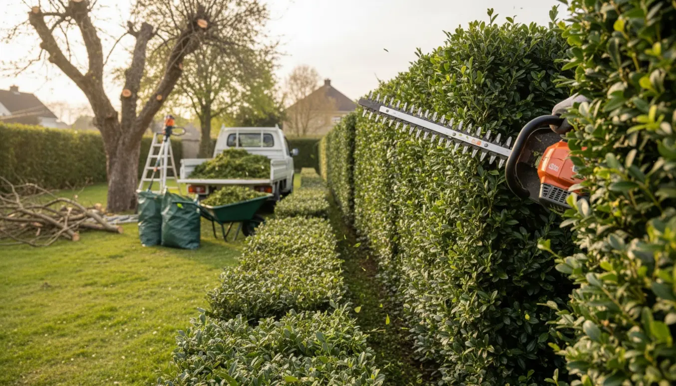 En ligusterhæk på cirka 2 meter bliver klippet, med trillebør og beskårne grene i haven.