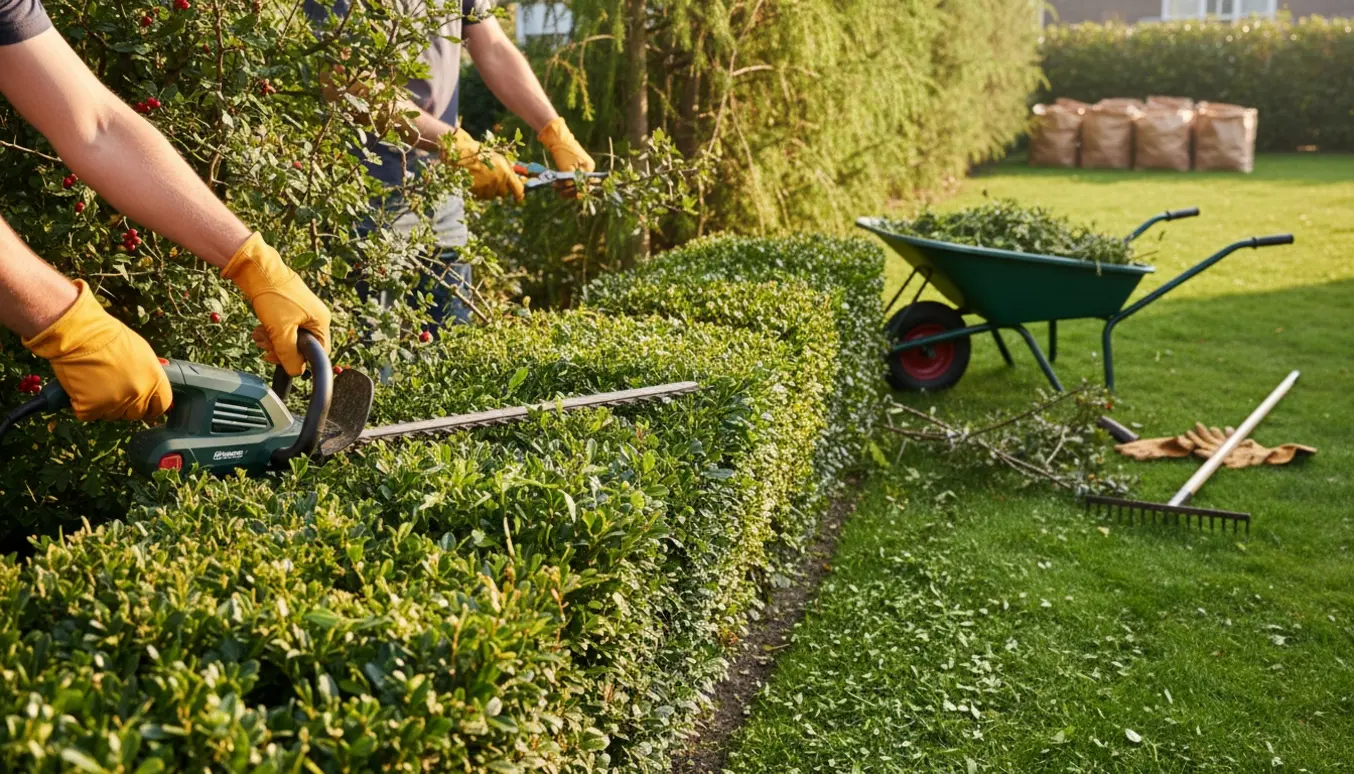Hænder i handsker trimmer liguster-, tjørn- og lærkehæk ved siden af en trillebør fuld af afklip.