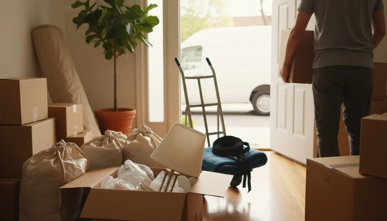 Stakke af flyttekasser og sække i en lys lejlighedsentré under en flytning.