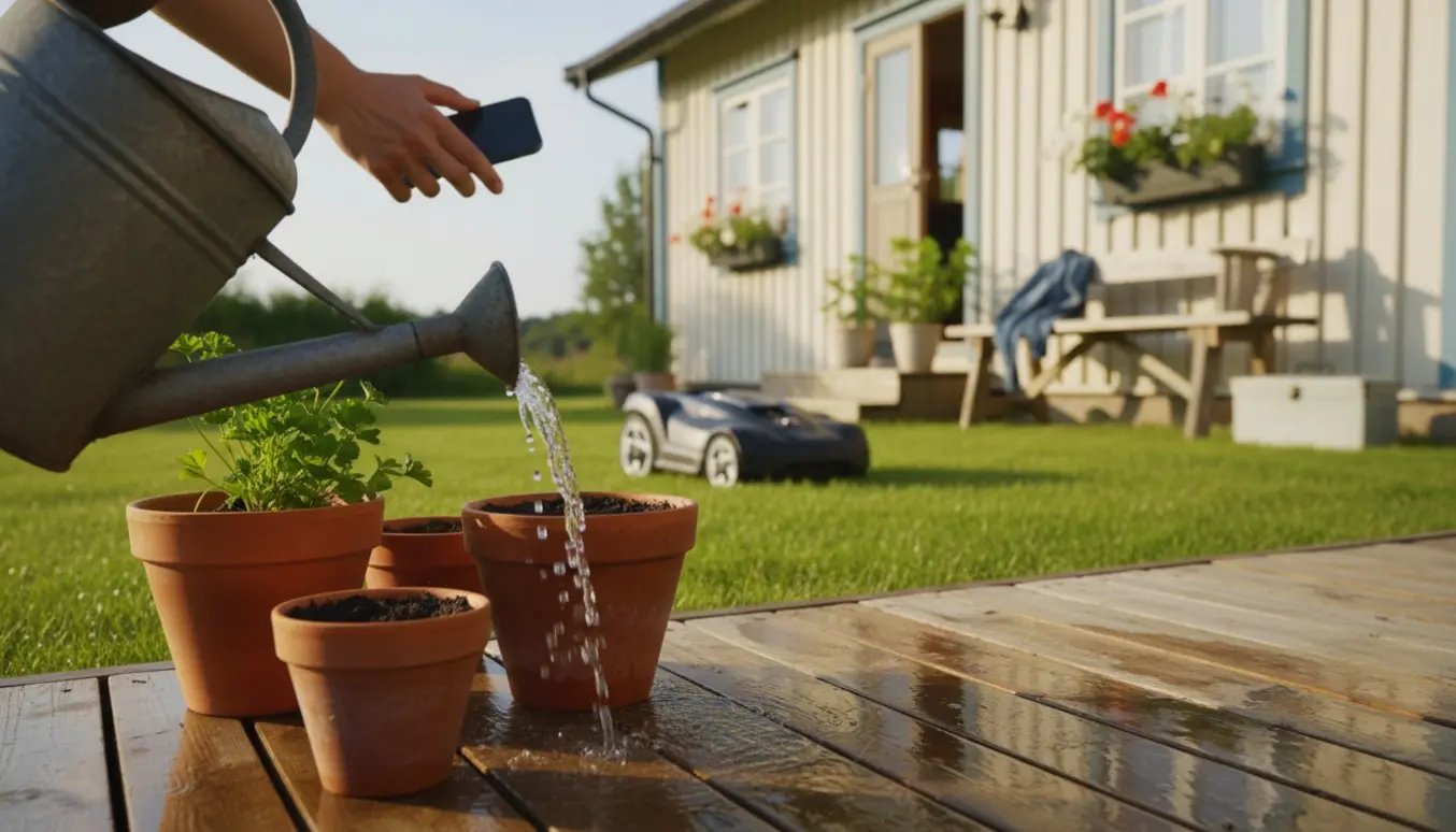 Sommerhusudendørs med en person, der vander planter og tjekker en robotplæneklipper.