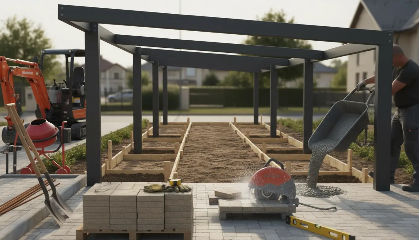 Delvist opført stålcarport på indkørsel med udgravede stolpehuller, våd beton og fliser under skæring.
