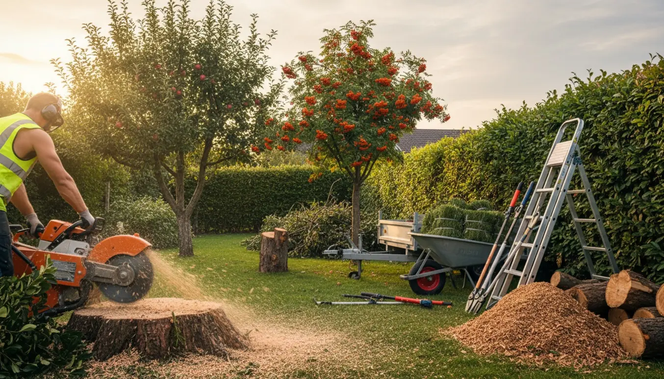 Stumpfræsning og fældning i have med beskårede frugttræer, stablede brændestykker og trailer til bortskaffelse.