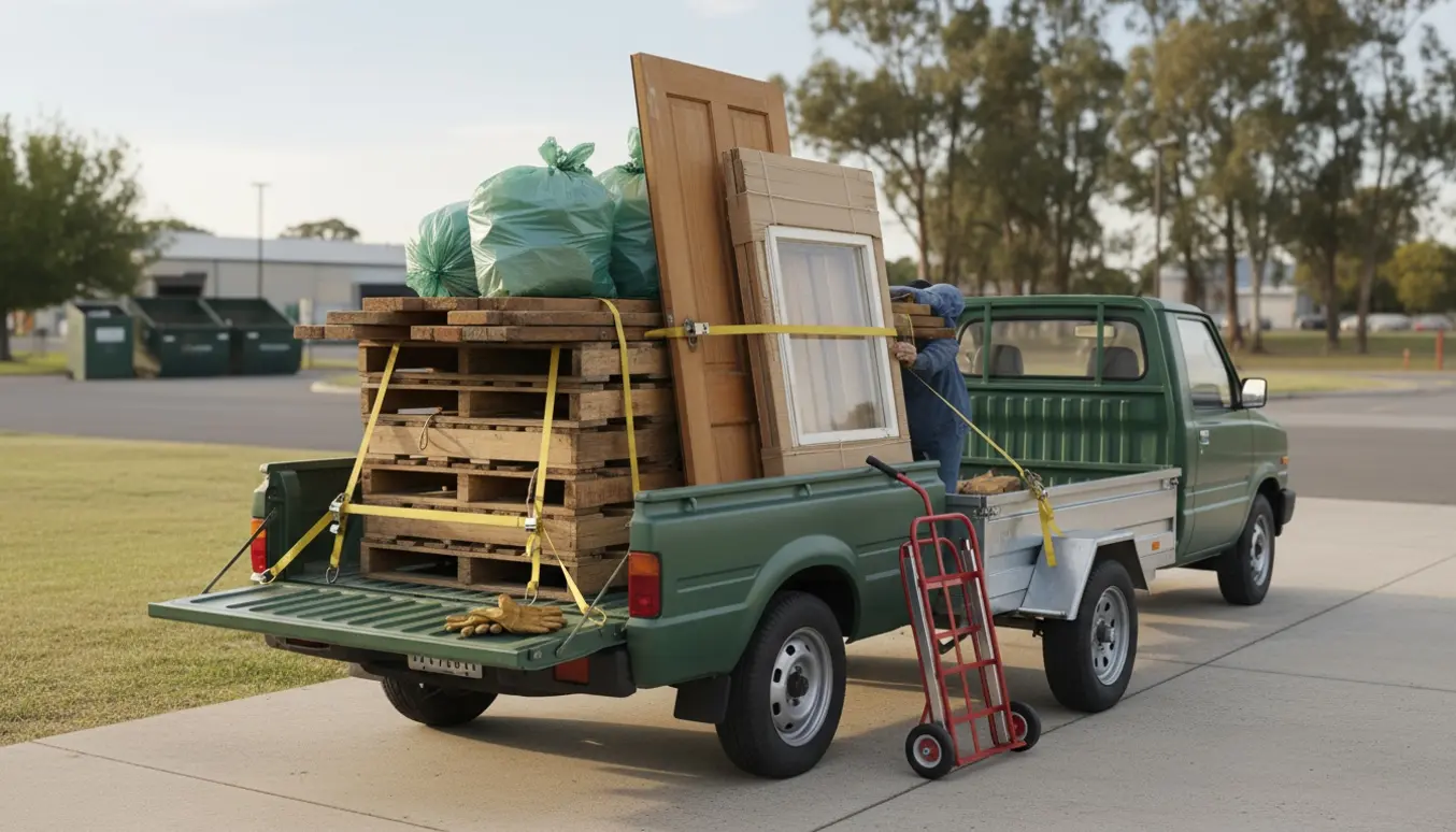 Varevogn og trailer læsset med døre, vindue, paller, planker og to skraldeposer klar til aflevering på genbrugspladsen.