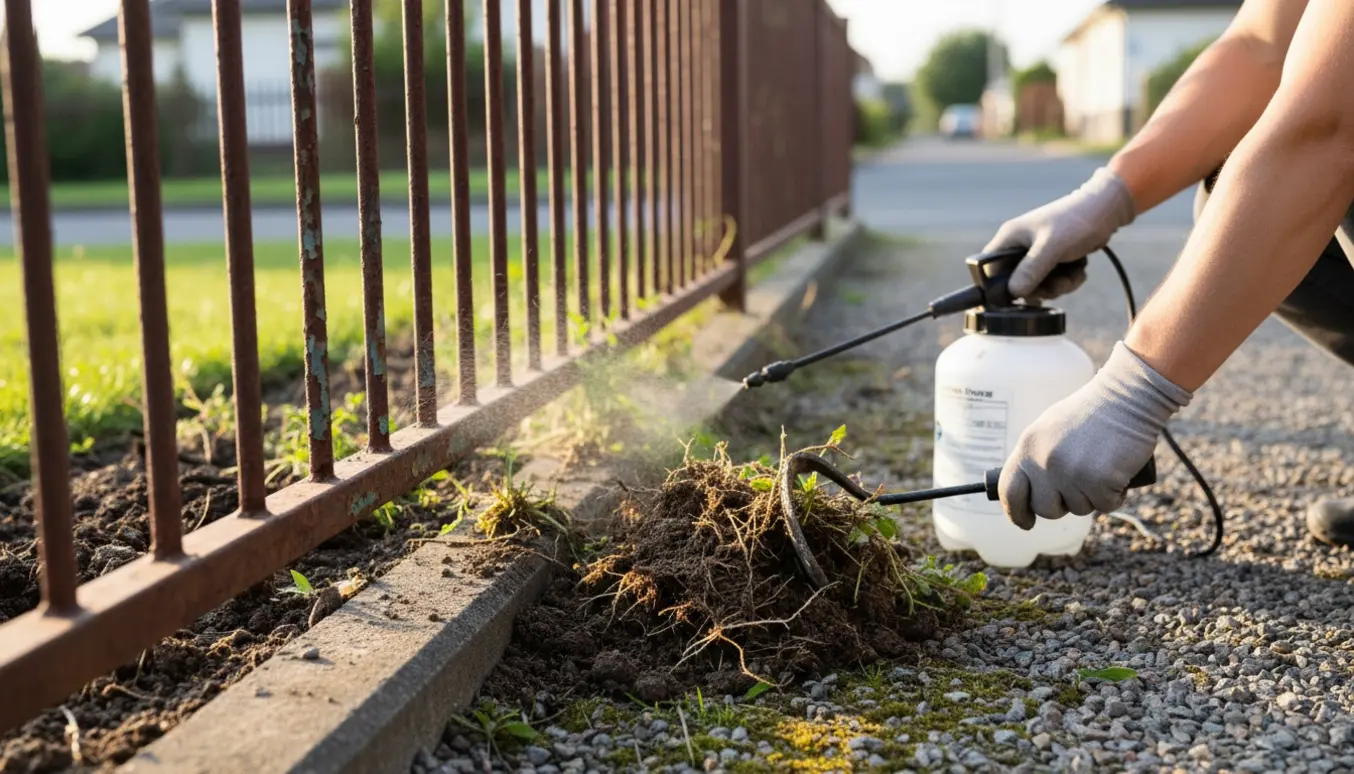 Hænder fjerner ukrudt ved kanten af et stålhegn, med en sprøjte klar til behandling.